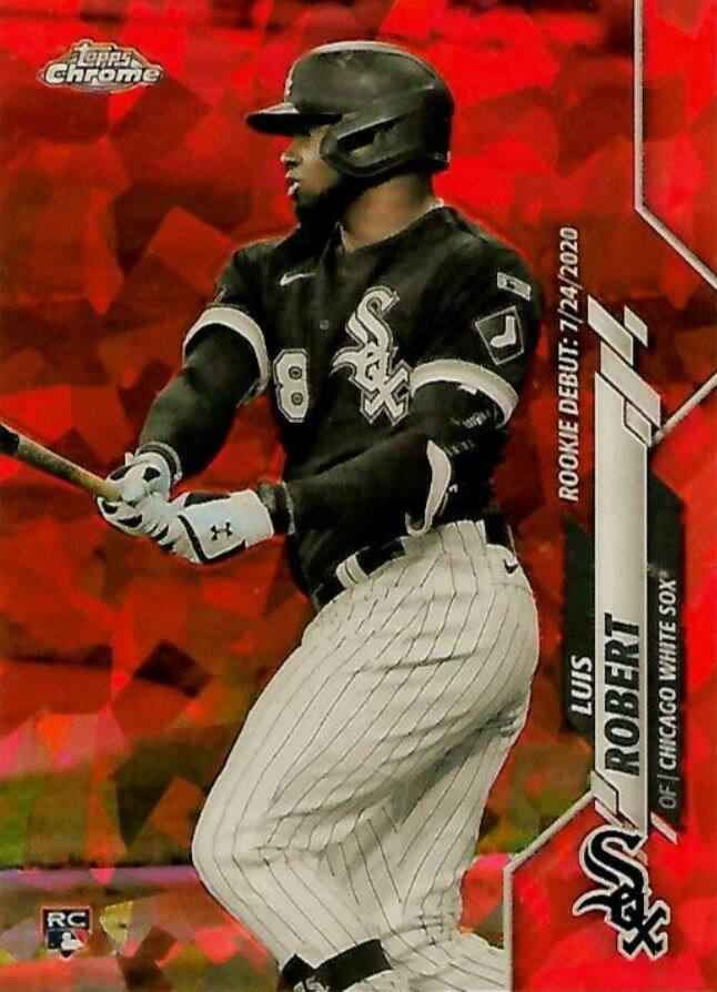 Sure, here is the corrected and grouped text from the image:

---

**Topps Chrome**

**RC**

**Luis Robert**

**OF | Chicago White Sox**

**ROOKIE DEBUT: 7/24/2020**

**8**

**RC**

---