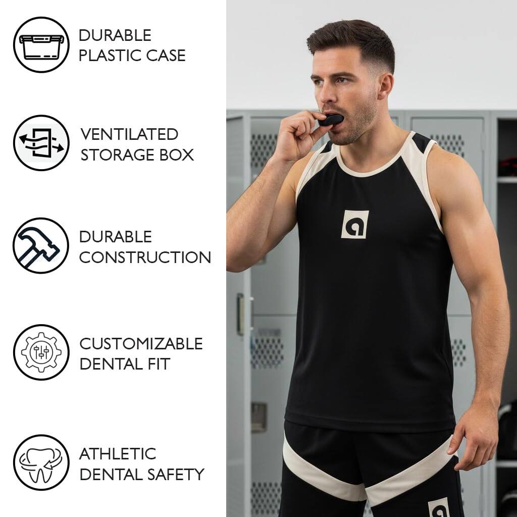 - DURABLE PLASTIC CASE
- VENTILATED STORAGE BOX
- DURABLE CONSTRUCTION
- CUSTOMIZABLE DENTAL FIT
- ATHLETIC DENTAL SAFETY