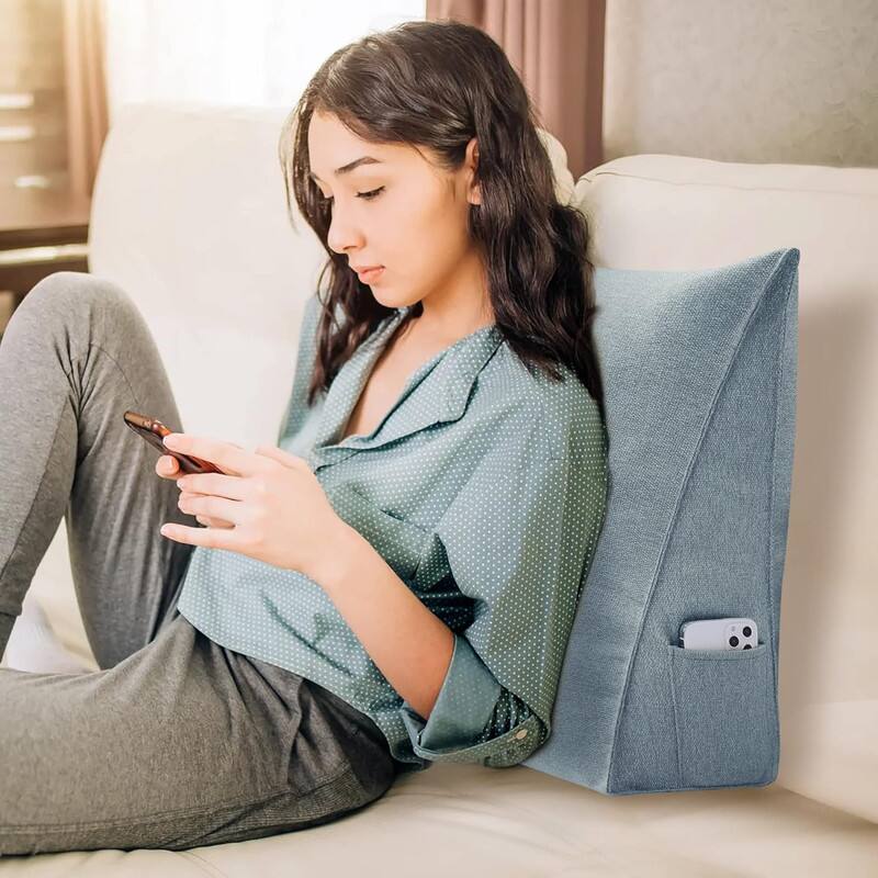 Angle. wowmax - Large Reading Pillow with Removable Headboard - Gray Linen Wedge Cushion for Sitting Up in Bed - Grey.