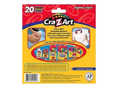 **Cra-Z-Art**

**20 Classic Neon Pastel Washable Markers**

**Brighter Colors!**

**CRA-Z-ART**  
Washable Markers will wash easily from skin and most children's fabric with soap and water!

**Look for other Cra-Z-Art Products!**

**www.Cra-Z-Art.com**

**For Best Results: Do not use on oil-based or chlorine bleach. Wash in hot water. Markers may stain some fabrics, carpets, and other surfaces. By dipping the tip in water for a few minutes, you can remove the ink from most surfaces.**

**0317 CRA-Z-ART**  
Lafayette Industries, LLC, 601 E. 10th St., Randolph, NJ 07253, USA  
Made in China. Conforms to ASTM D4236.  
For more information, contact Cra-Z-Art at 1-800-CRA-Z-ART or visit www.Cra-Z-Art.com

**AP**  
Non-Toxic

**Barcode: 0 75020 03177 7**
