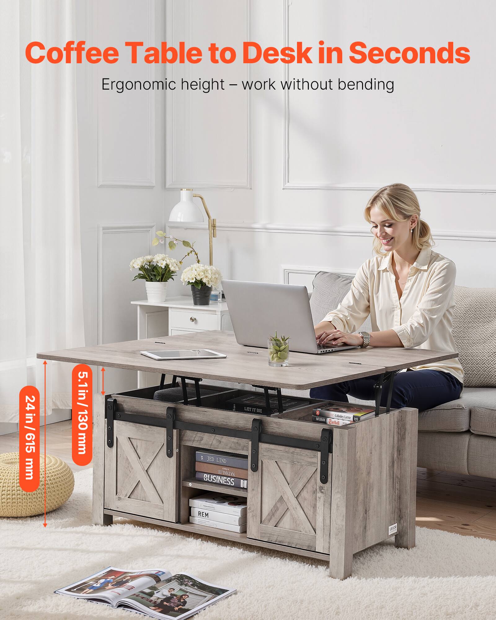 Coffee Table to Desk in Seconds  
Ergonomic height – work without bending  

24 in / 615 mm  
5.1 in / 130 mm  
30 mm  

JED LIND  
BUSINESS  
REM