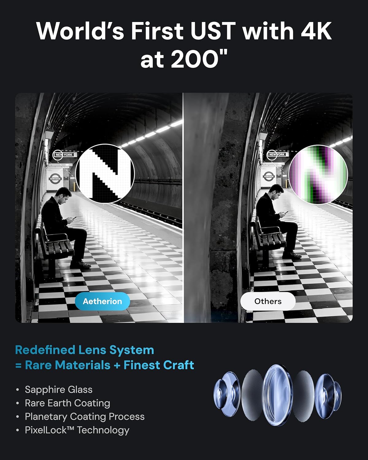 World's First UST with 4K at 200"  
NEW YORK  
Aetherion  
Others  
Redefined Lens System = Rare Materials + Finest Craft  
Sapphire Glass  
Rare Earth Coating  
Planetary Coating Process  
PixelLock™ Technology