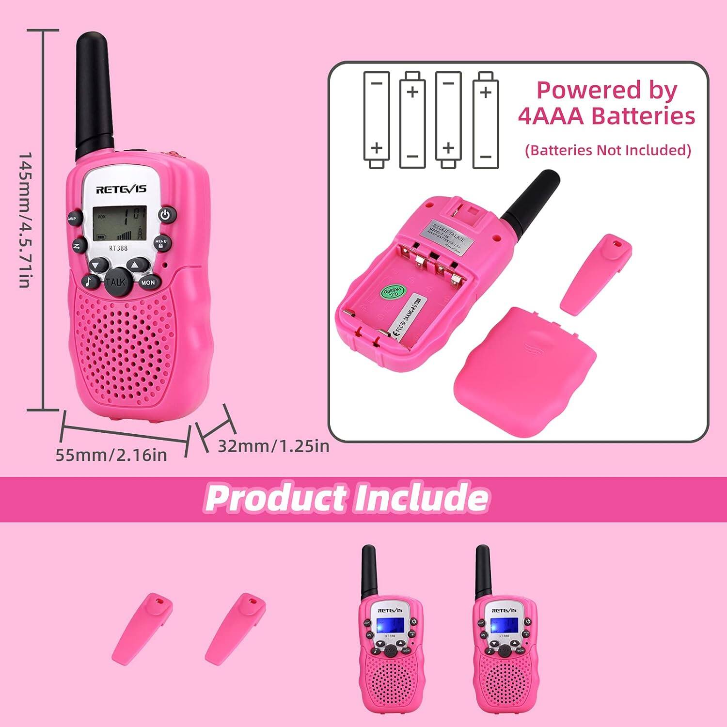 145mm/4.5.71in RETEVIS -. u . - MU . RT386 TALK MON - - + + + I S SCE nonctasi JiGASTi + I Powered by 4AAA Batteries (Batteries Not Included) 32mm/1.25in 55mm/2.16in Product Include ITELK e TV/