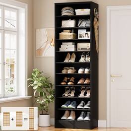 Aheaplus - 79.5'' Tall 10-Tier Freestanding Wooden Shoe Rack Tower with 2 Hooks - Black