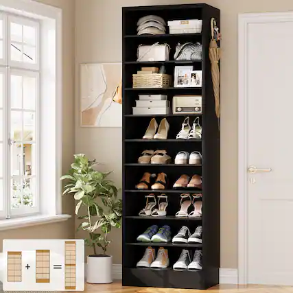 Front. Aheaplus - 79.5'' Tall 10-Tier Freestanding Wooden Shoe Rack Tower with 2 Hooks - Black.