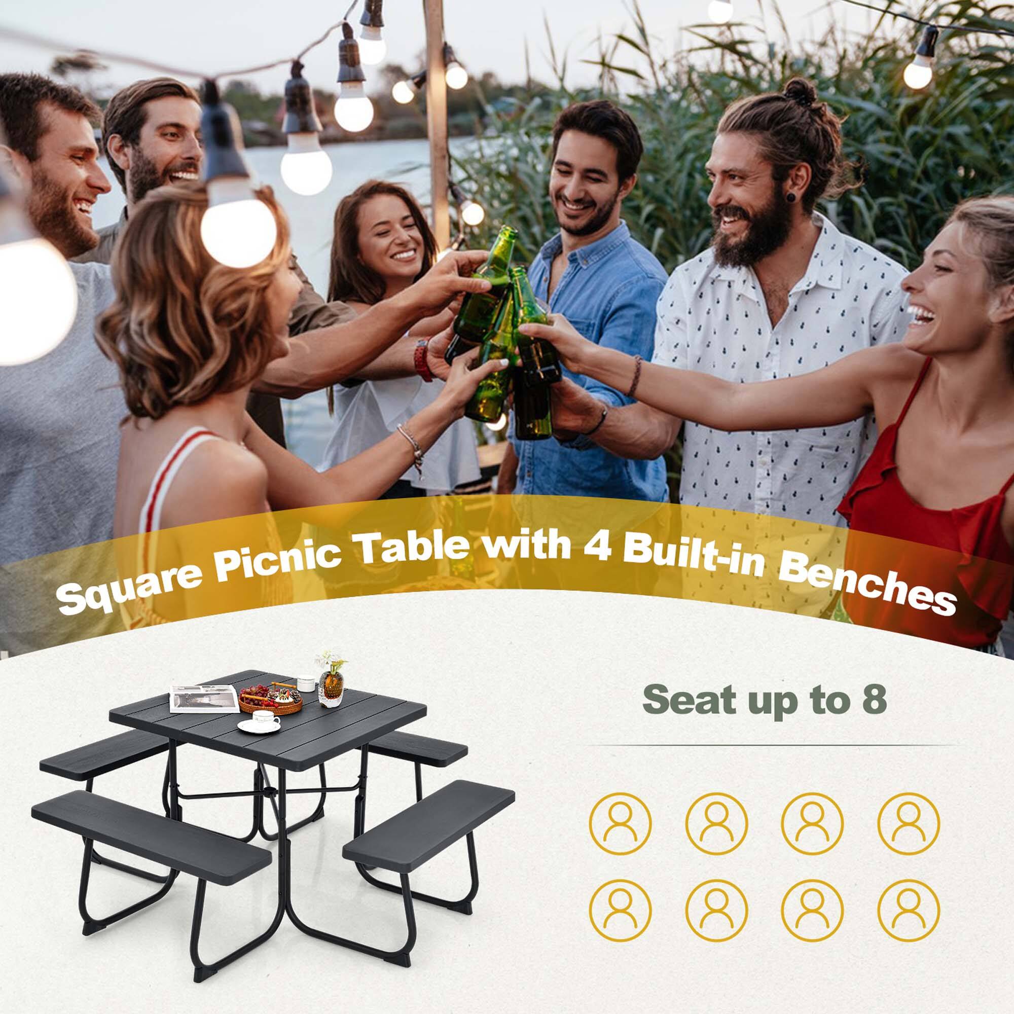 Picnic Table with 4 Built-in Benches Seat up to 8