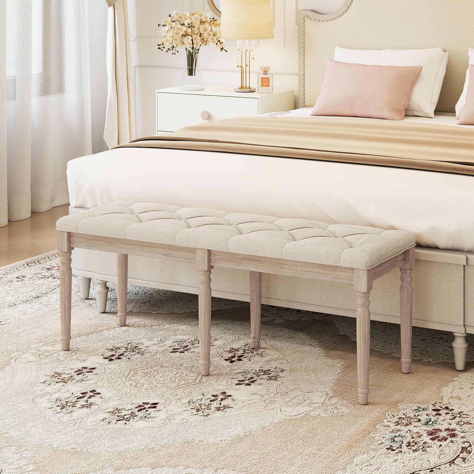 Alt View 6. Gymax - Gymax 47.5'' End of Bed Bench w/ Tufted Decoration & Antiqued Legs for Living Room - Beige.