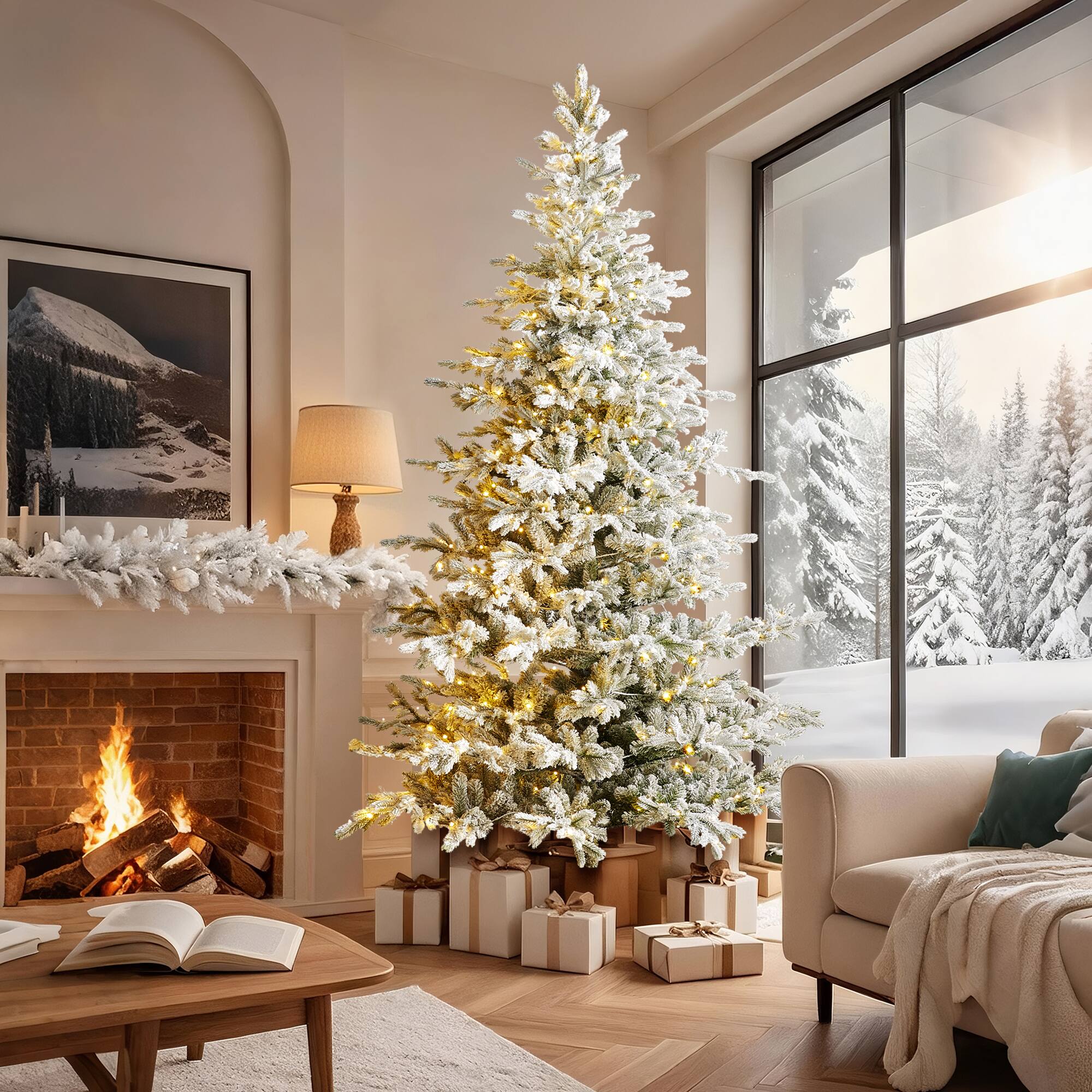 Alt View 10. Glitzhome - 9ft Pre-Lit Flocked Full Fir Artificial Christmas Tree with 650 LED Lights - White.