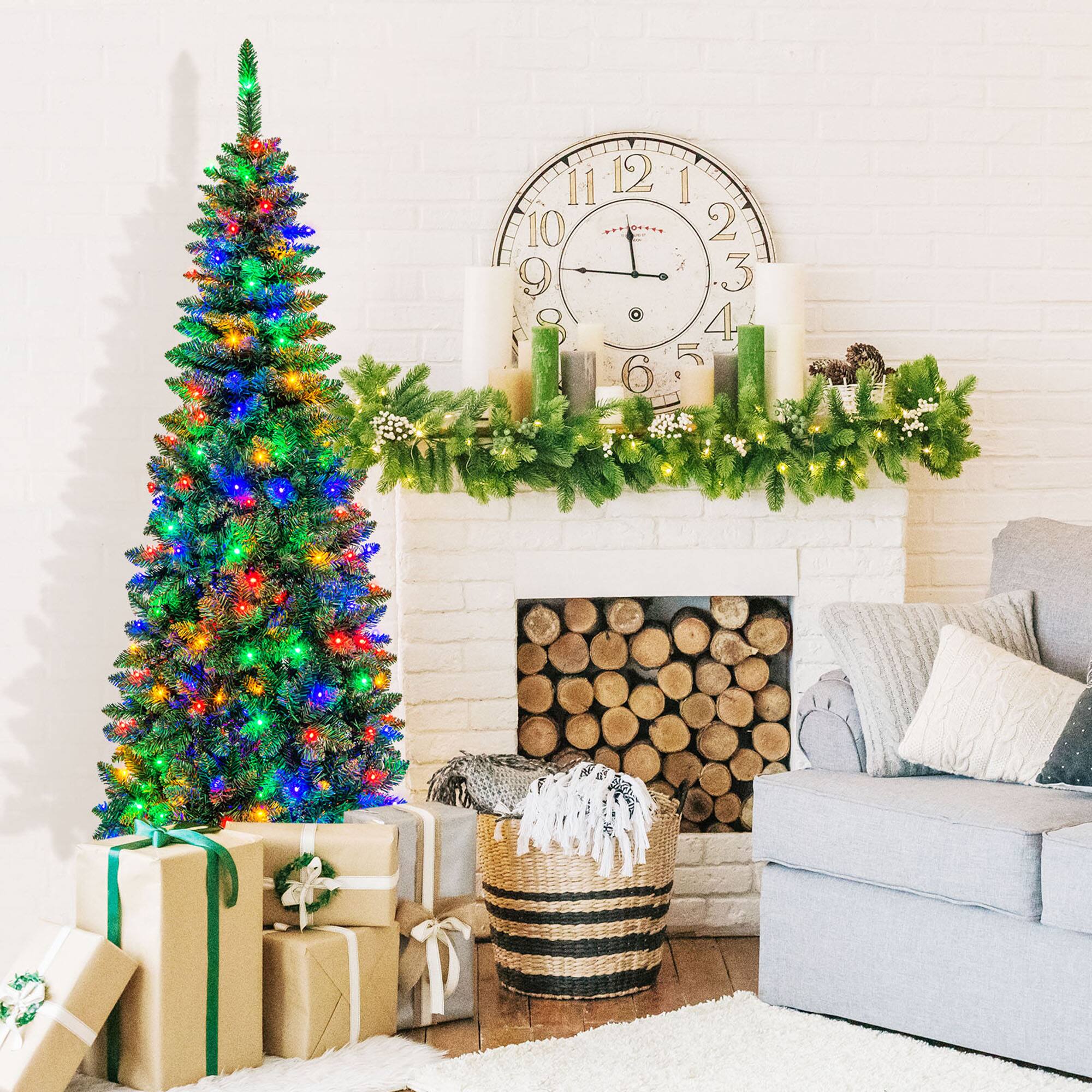 Alt View 3. Gymax - Gymax 6.5ft Pre-Lit Pencil Christmas Tree Hinged PVC Tree w/ 250 Colorful LED Lights - Green.