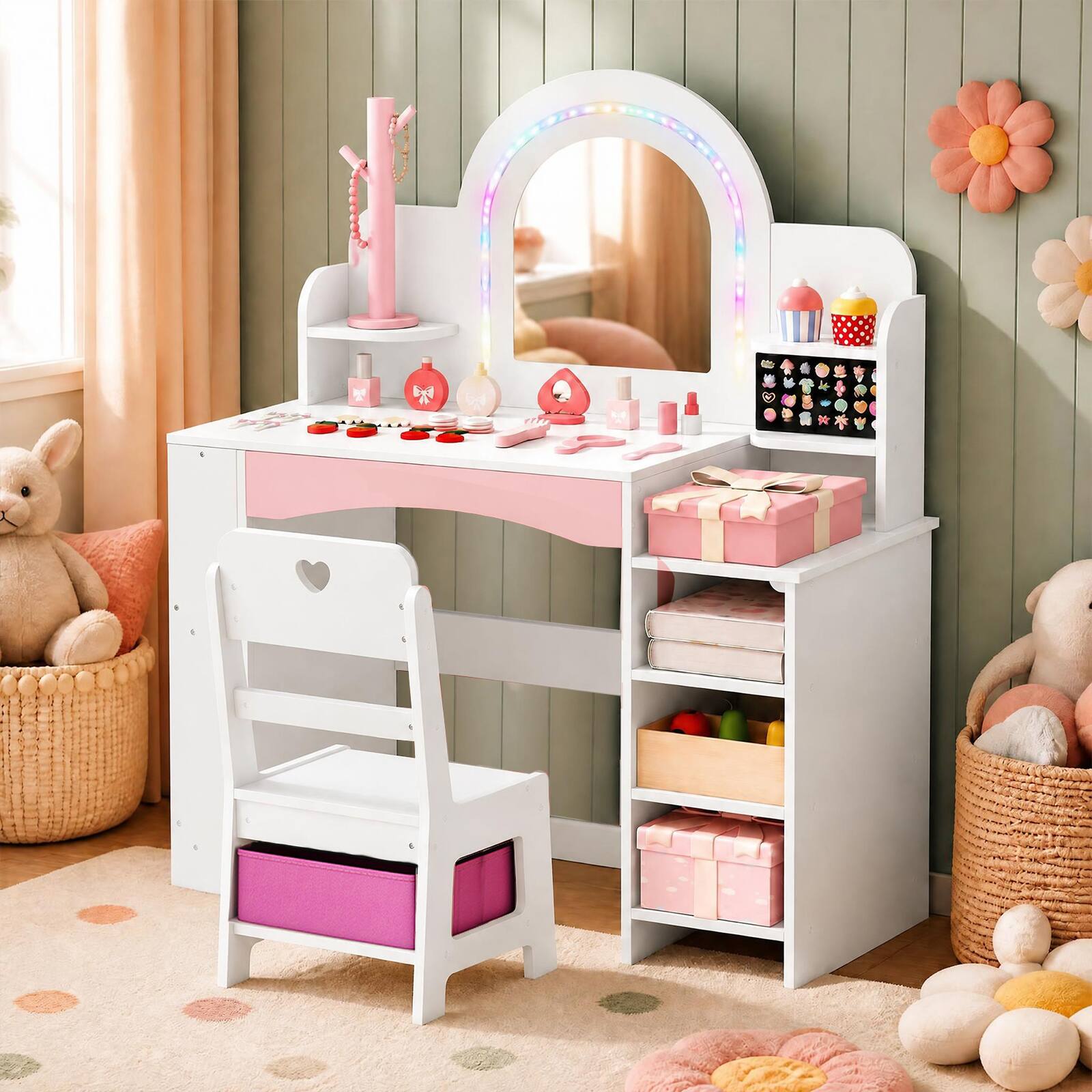 Alt View 3. Costway - Costway Kids Vanity Desk with Mirror and Lights Princess Pretend Play Makeup Table - White.