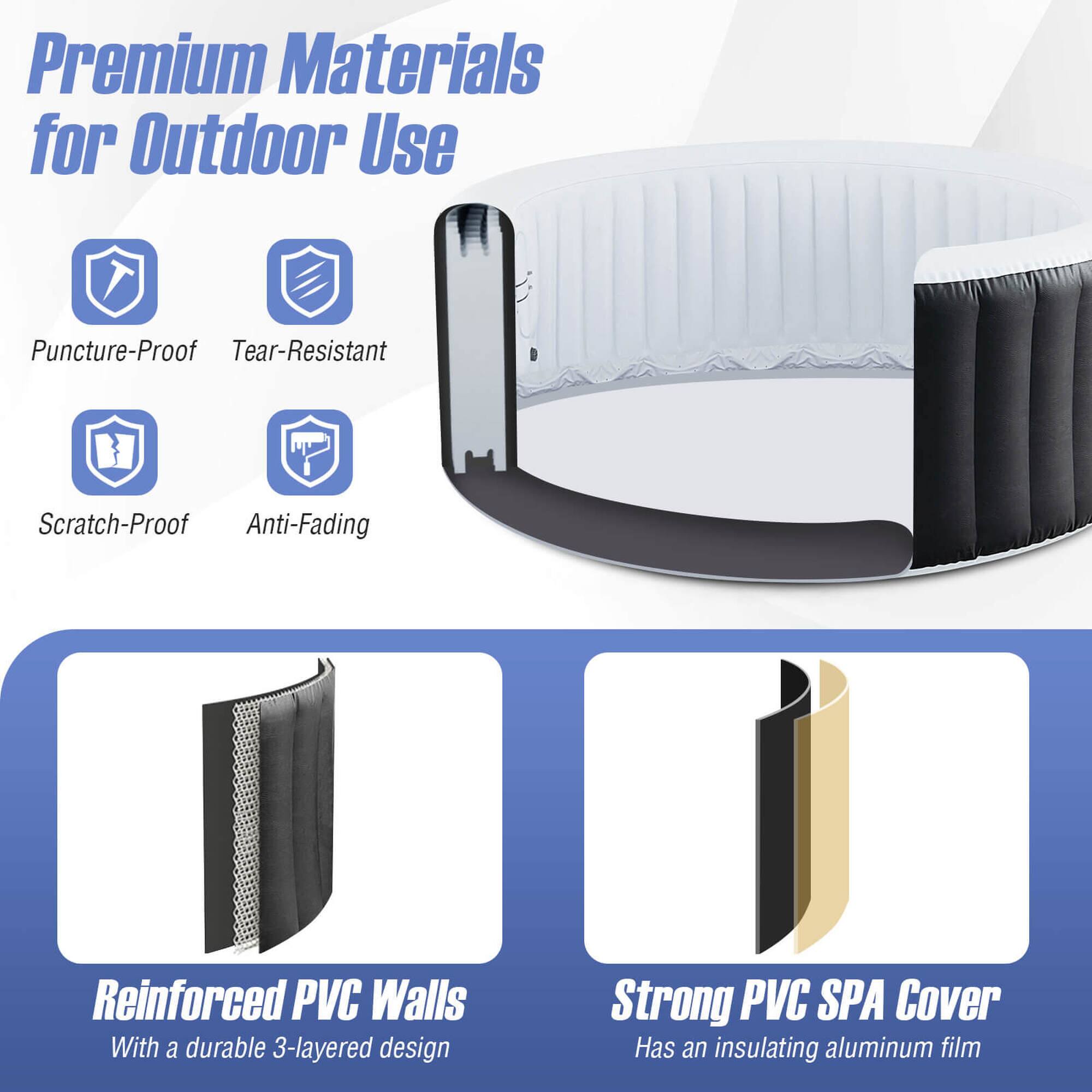 Premium Materials for Outdoor Use: Puncture-Proof, Tear-Resistant, Scratch-Proof, Anti-Fading, Reinforced PV Walls with a durable 3-layered design. Strong PVC SPA Cover with an insulating aluminum film.