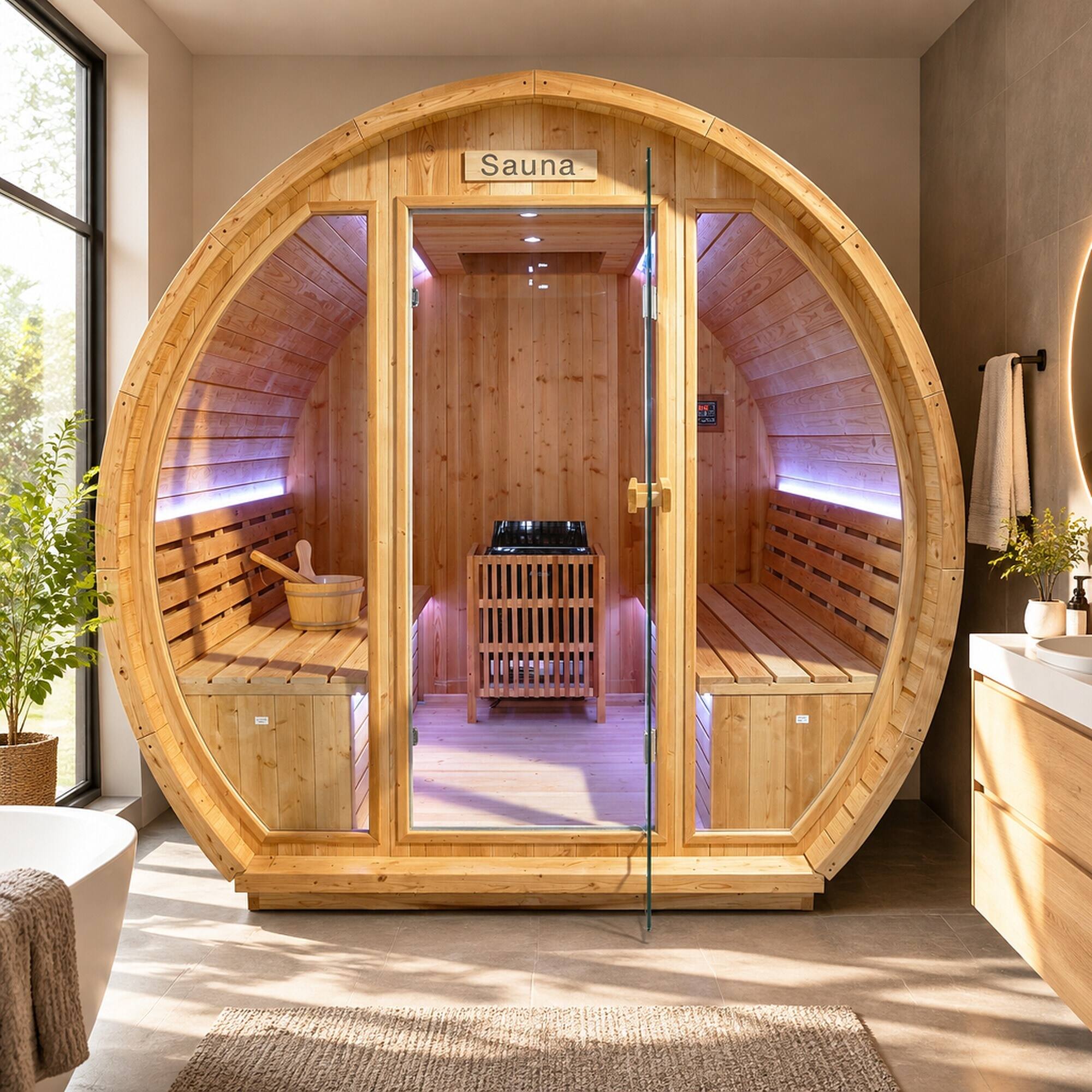 Back. RYHNUYNE - 9000W Outdoor Sauna Room, 240V Carbonized Spruce, 4-6 Person, 203 cm, Metal Stove, LED Lights - Ameican White Oak.