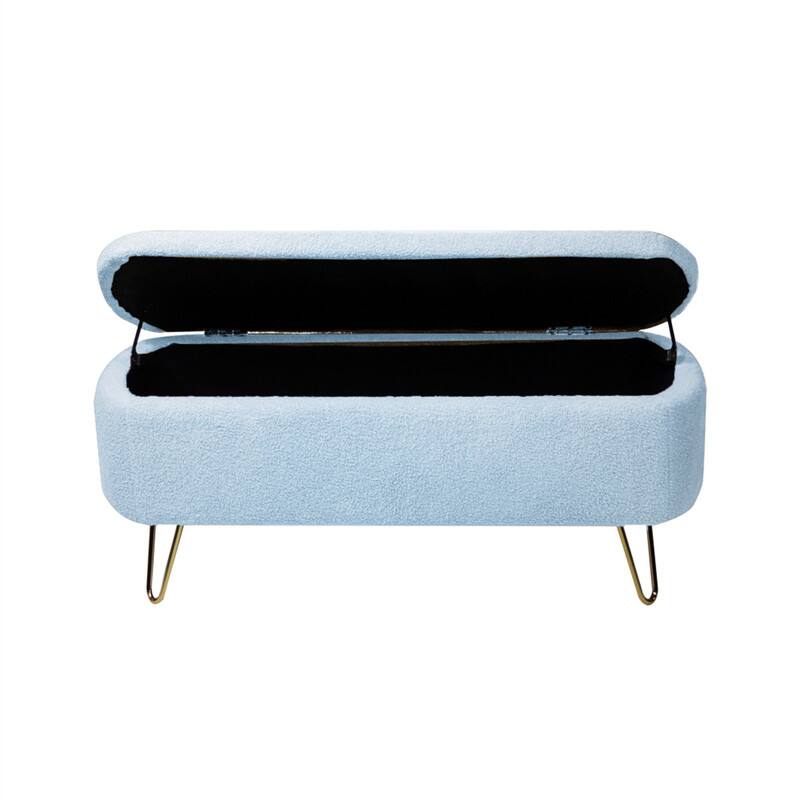 Angle. HTUTWOO - Storage Ottoman Bench for Bedroom - Faux Fur Upholstered Bench with Gold Legs, Padded Storage Bench for Living Room - Blue.