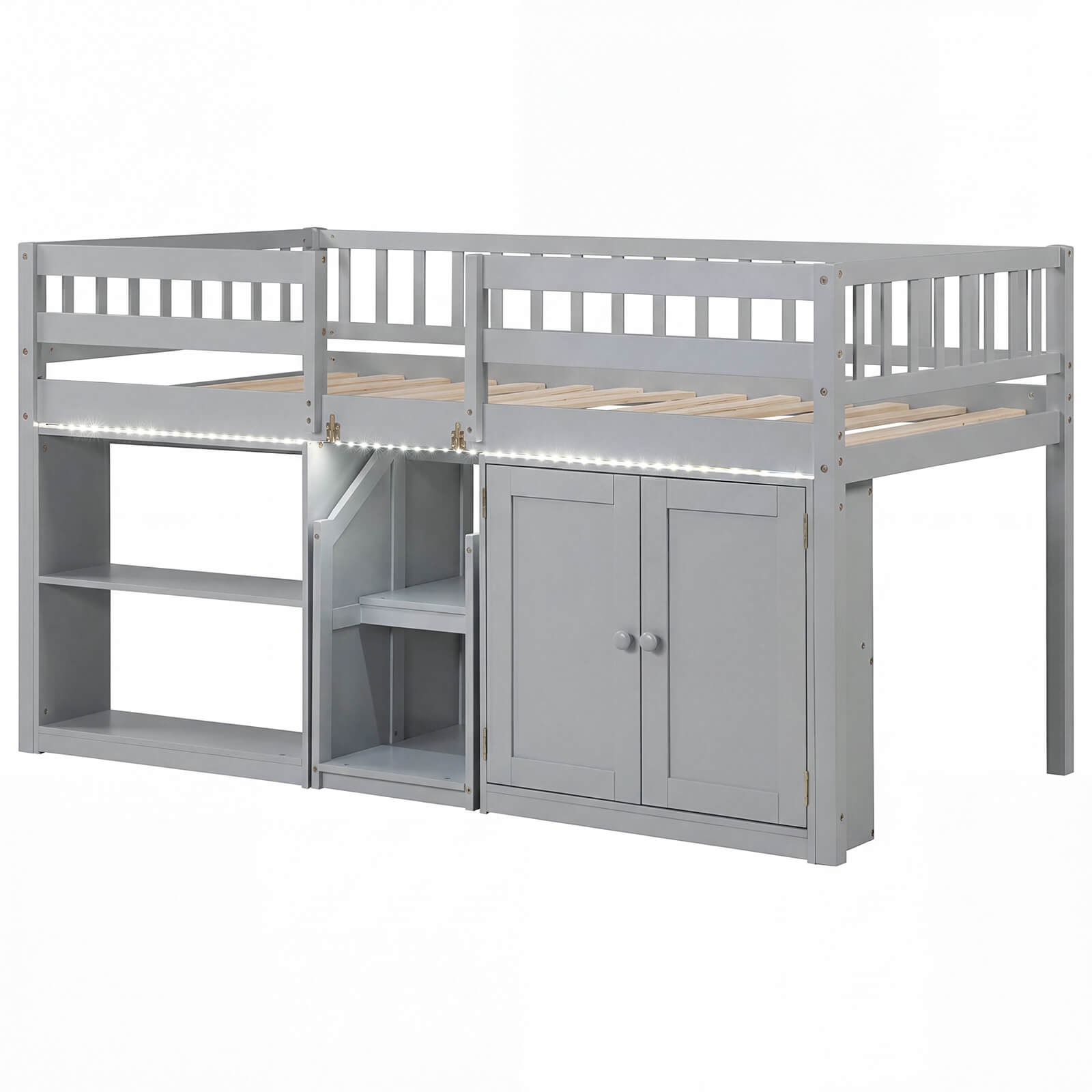 Costway - Low Loft Bed with LED Light, Stairs & Guardrails, Modern Wood Kids Twin Bed - Gray price history on PriceWatchPro