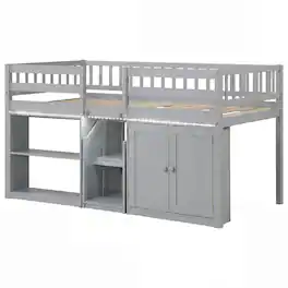 Costway - Low Loft Bed with LED Light, Stairs & Guardrails, Modern Wood Kids Twin Bed - Gray