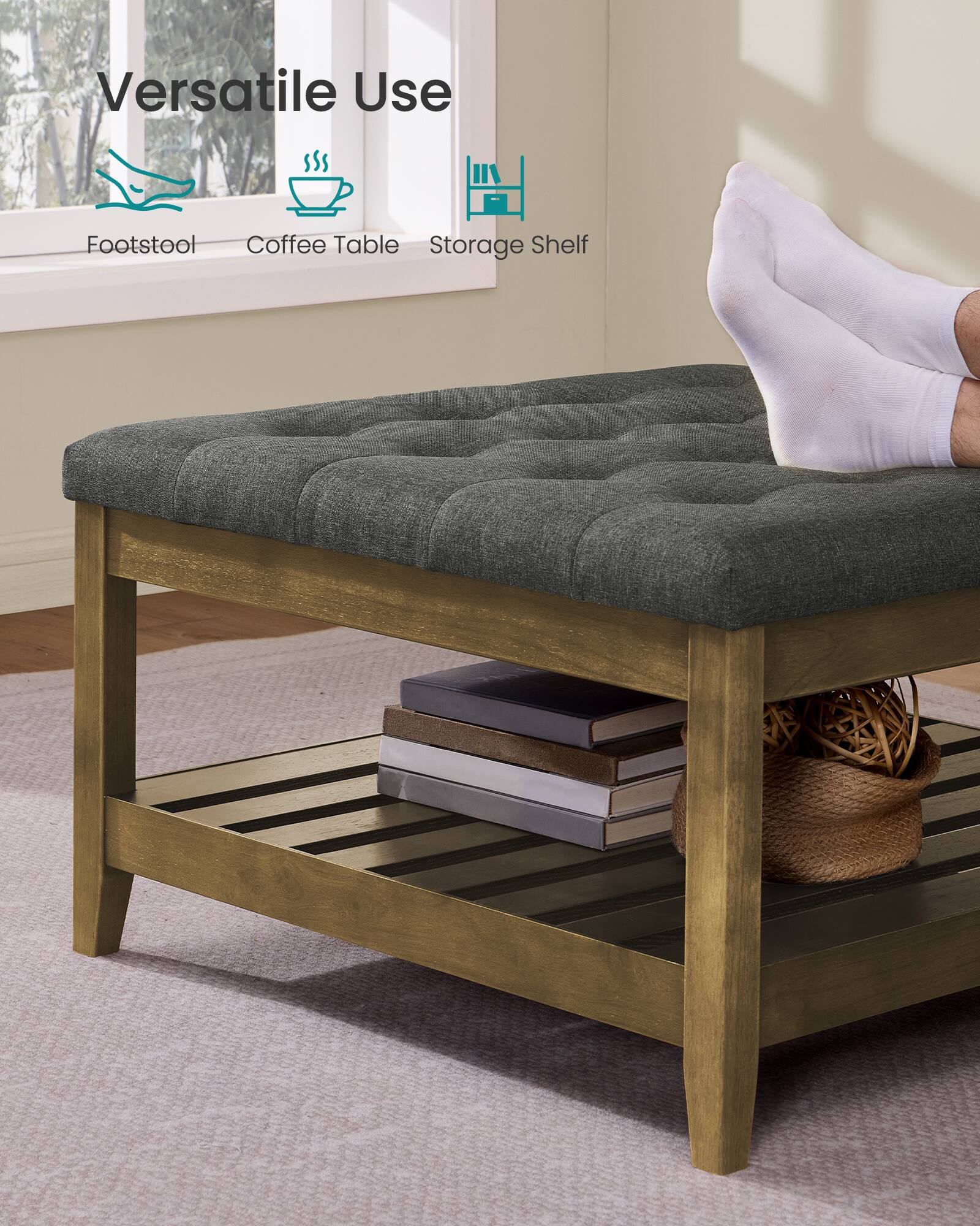 Versatile Use  
Footstool  
Coffee Table  
Storage Shelf