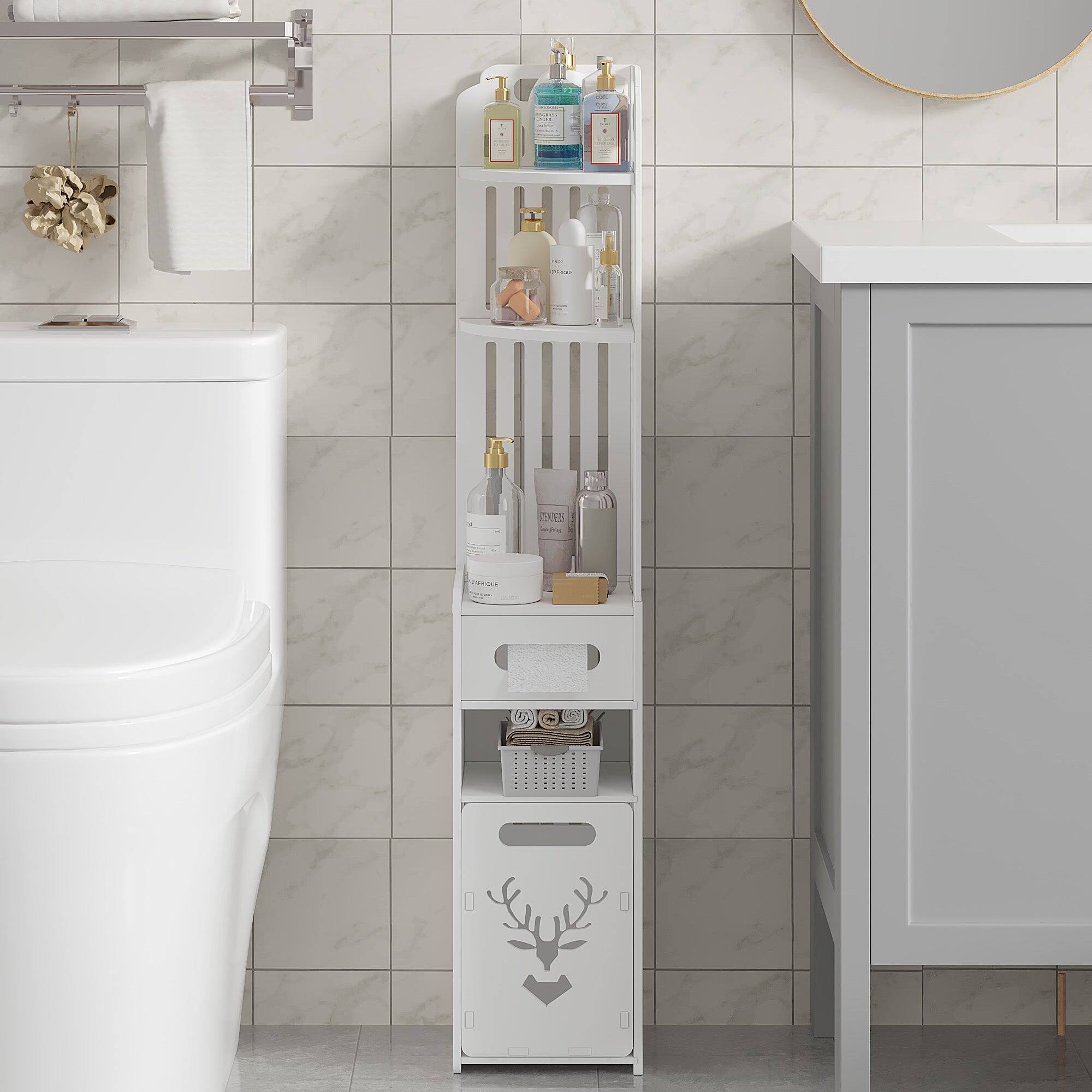 Left. Vecelo - Narrow Bathroom Storage Cabinet with Toilet Paper Organizer-Space-Saving, Perfect for Small Bathrooms & Next to Toilets - White.