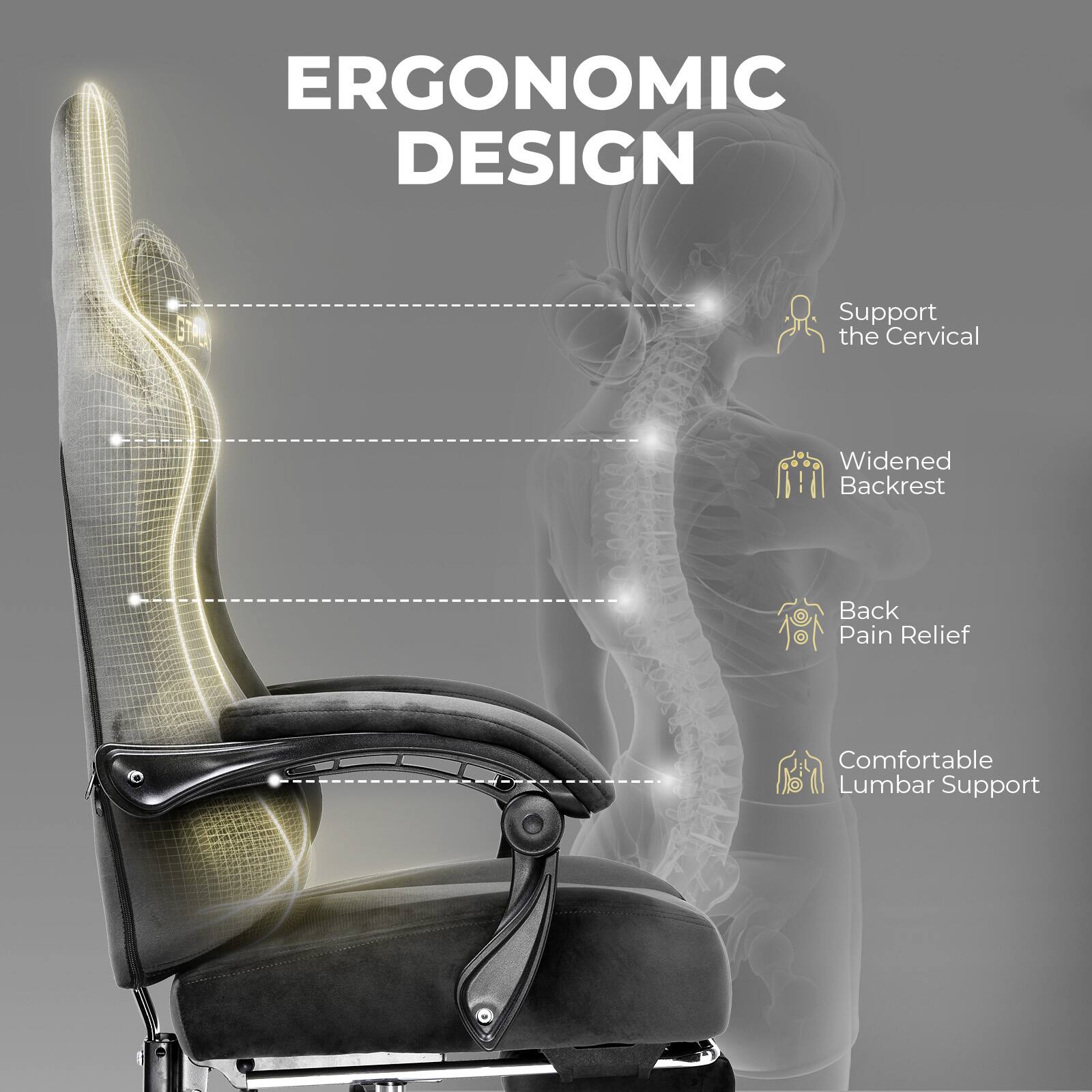 ERGONOMIC DESIGN, Support the Cervical, Widened Backrest, Back Pain Relief, Comfortable Lumbar Support