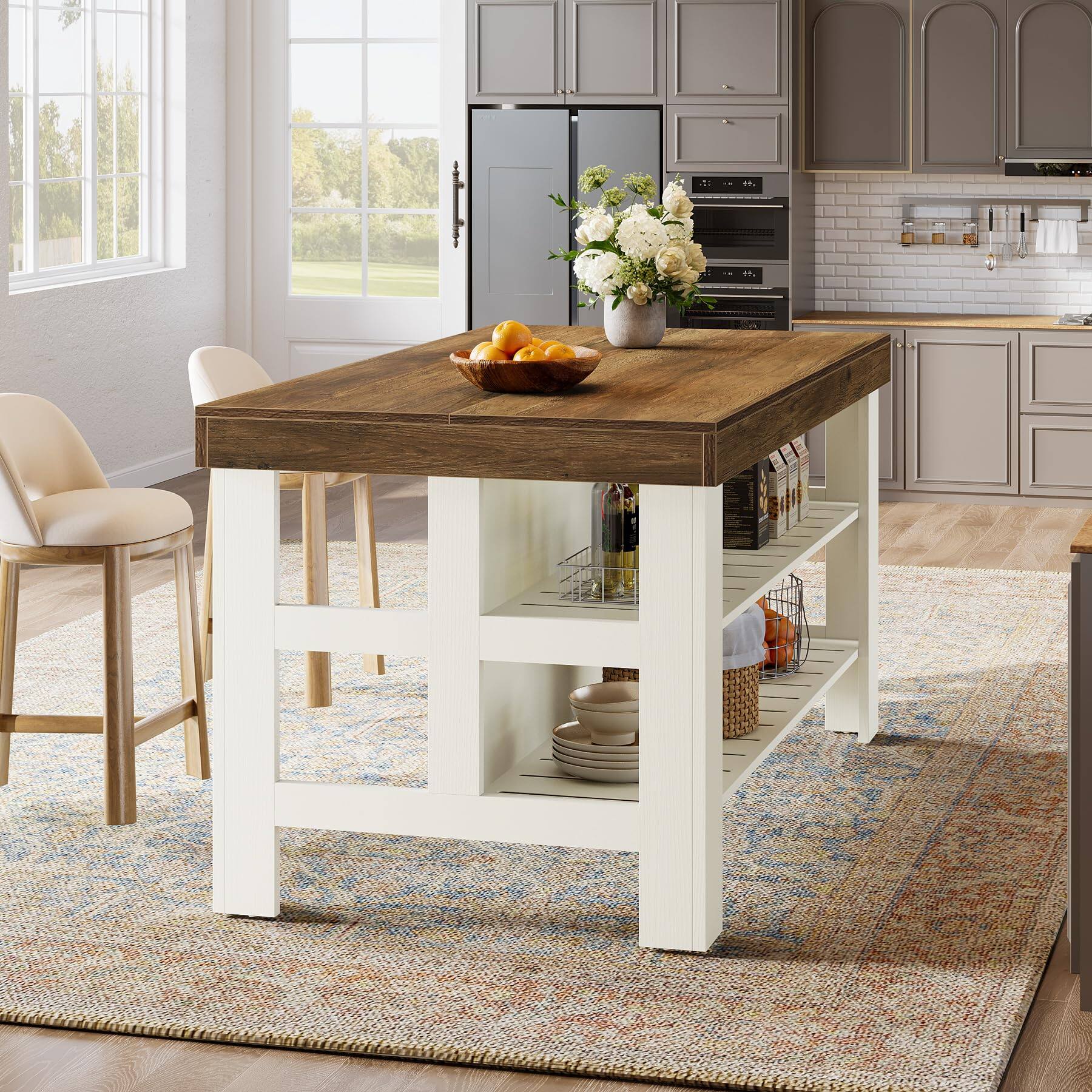 Alt View 1. Tribesigns - 55.1-Inch Kitchen Island with Seating Space and Storage for Kitchen or Dining Room - Walnut Brown and White.