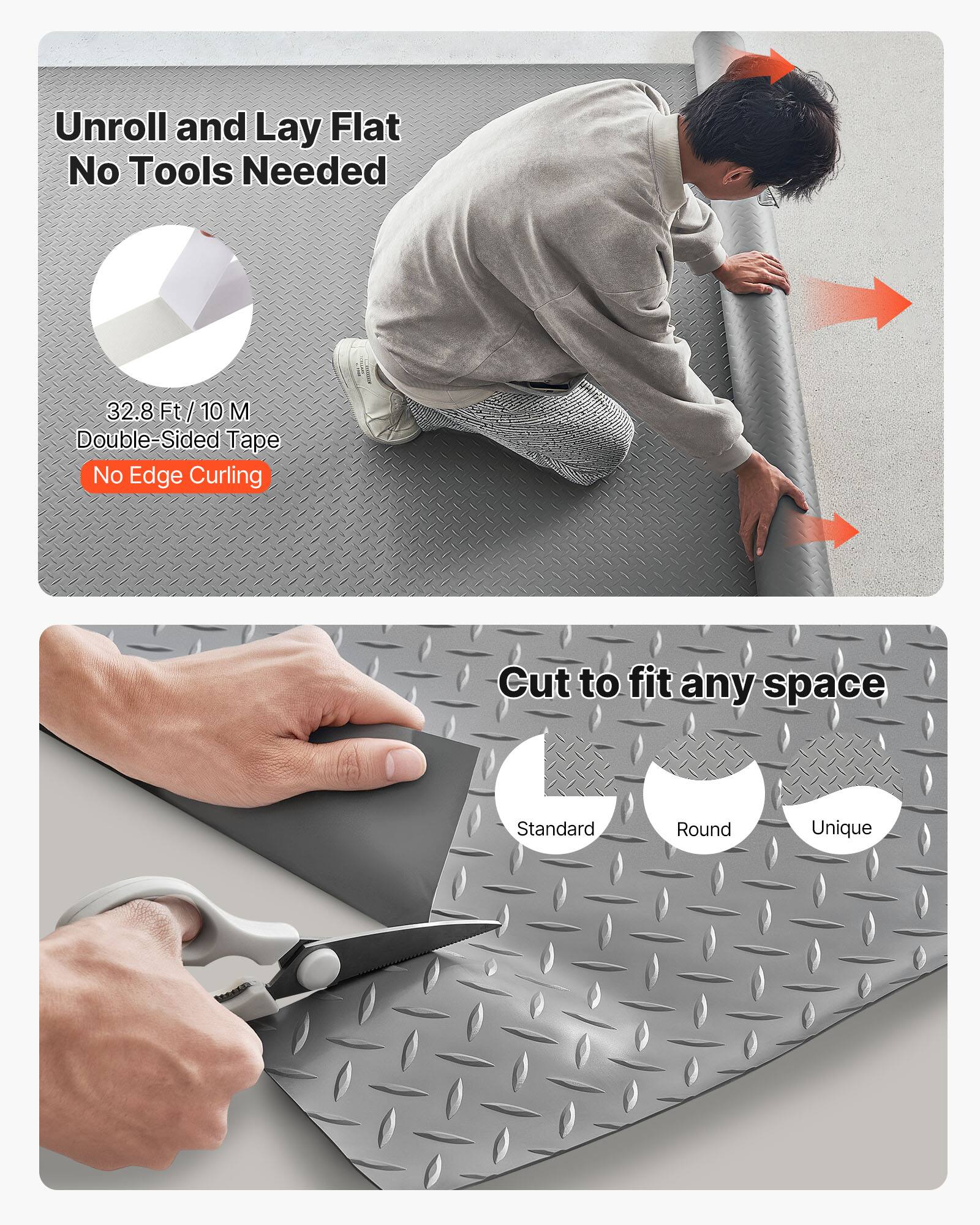 Unroll and Lay Flat  
No Tools Needed  

32.8 Ft / 10 M  
Double-Sided Tape  
No Edge Curling  

Cut to fit any space  
Standard  
Round  
Unique