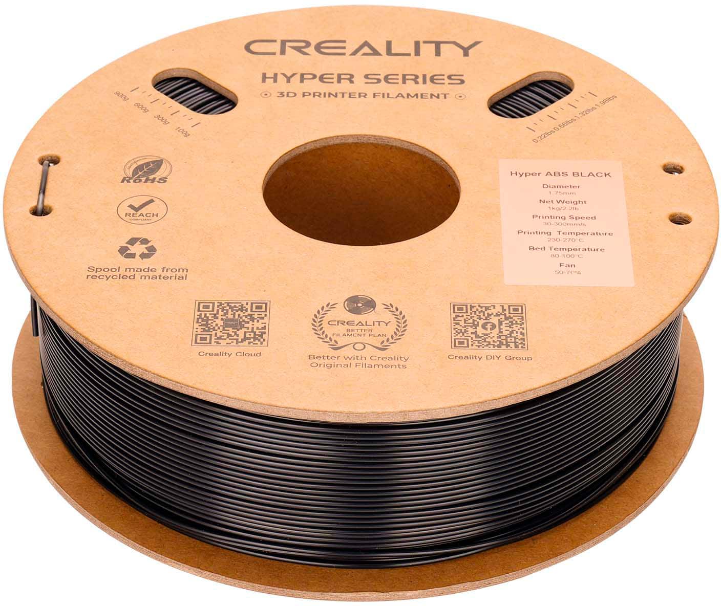 Creality Hyper Series 900g 3D Printer Filament (Iulidiil 1 ut 800g 32n 300 1 b 100g 0227m RCHS REACH Hyper ABS BLACK Diameter .75mm er Weight 1korz m Printing Speed 30-300mm Printing Temperature 230-270 T Hed Temperatu aitare 10-100C Spool made from recycled material Fan 50-70% Creality Better with Creality Original Filaments Creality DIY Group