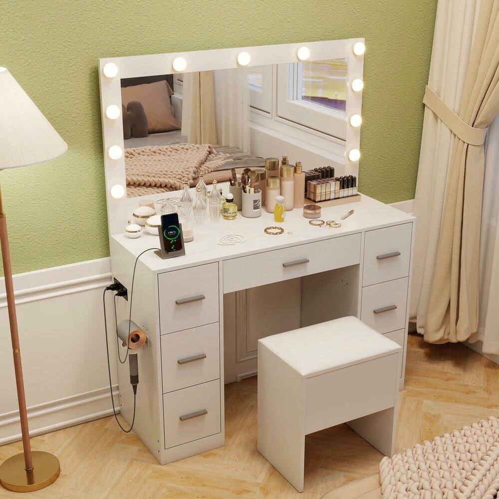 Back. Kadyn - 43.5" Bedroom Vanity Desk with LED Lighted Mirror - White - White.