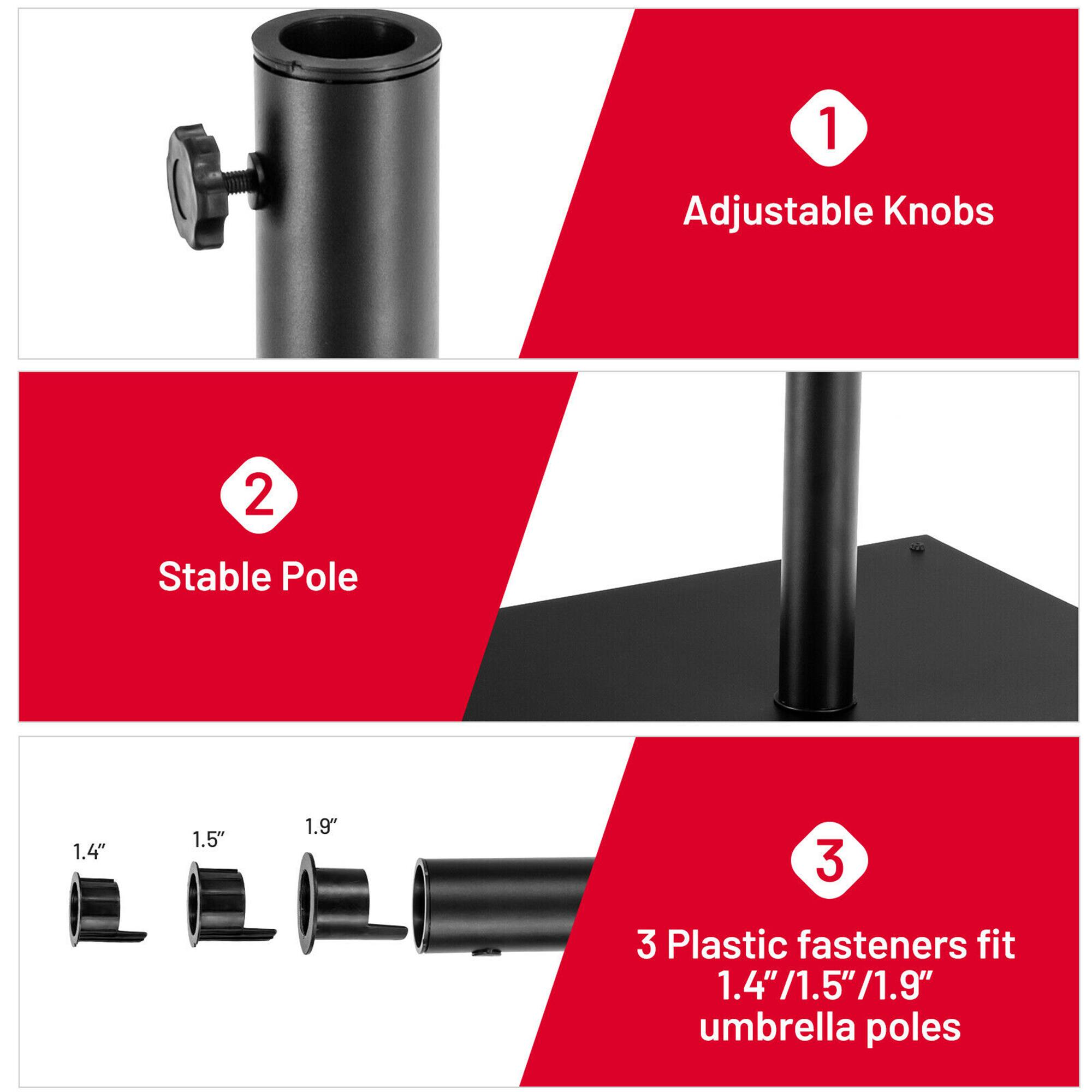 1. Adjustable Knobs
2. Stable Pole
3. 3 Plastic fasteners fit 1.4"/1.5"/1.9" umbrella poles