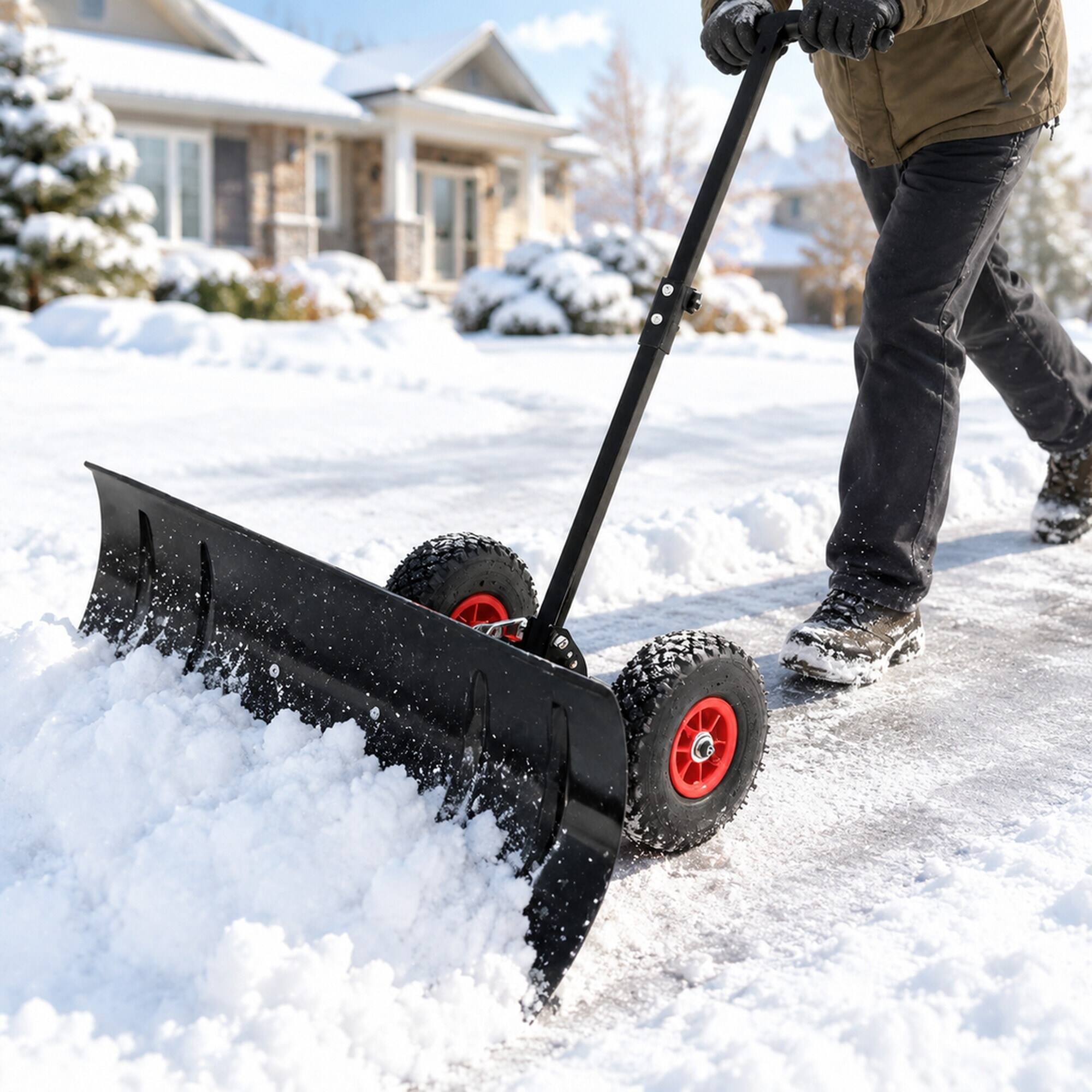 Back. RYHNUYNE - 30 in Wheeled Snow Pusher, Metal Blade, Adjustable Handle, 10 in Rubber Wheels, Black - Black.