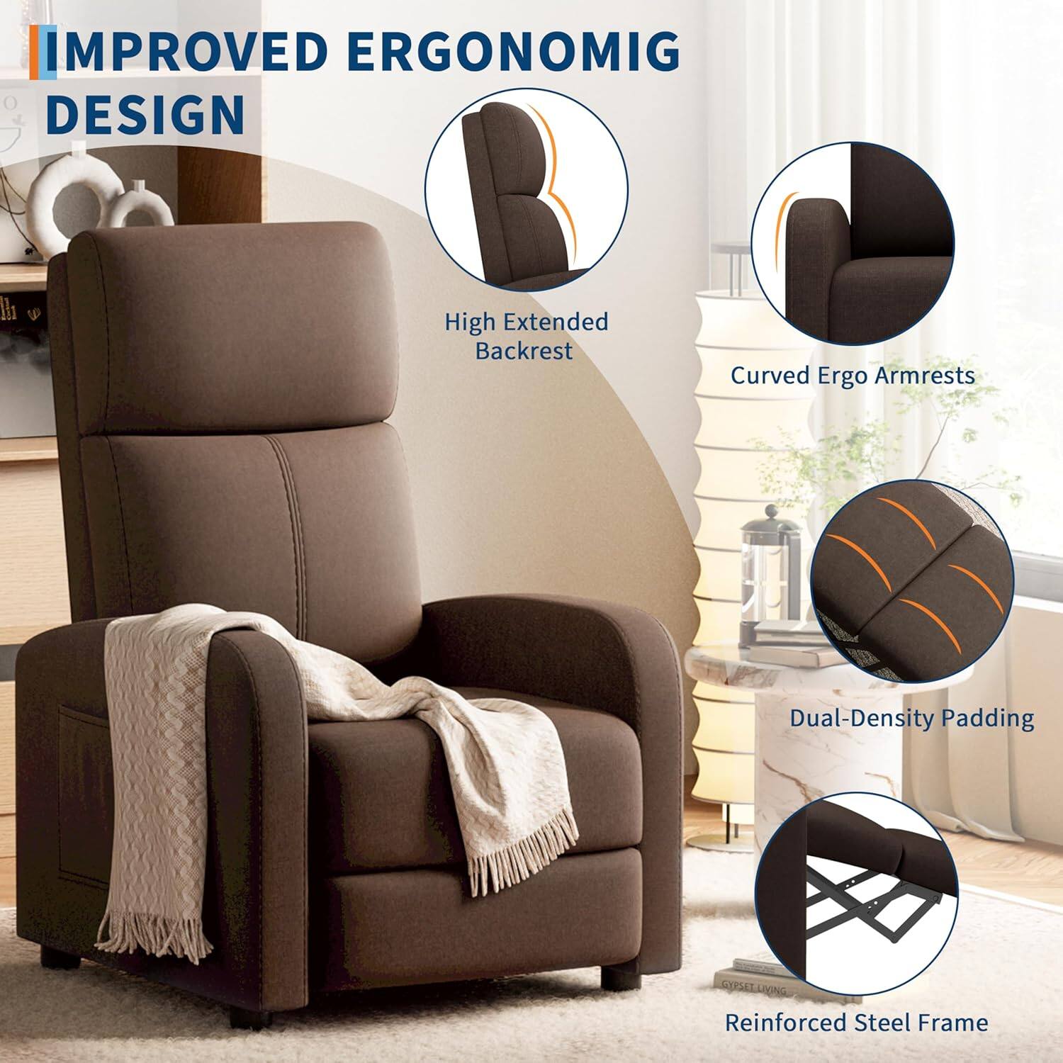 IMPROVED ERGONOMIC DESIGN

- High Extended Backrest
- Curved Ergo Armrests
- Dual-Density Padding
- Reinforced Steel Frame