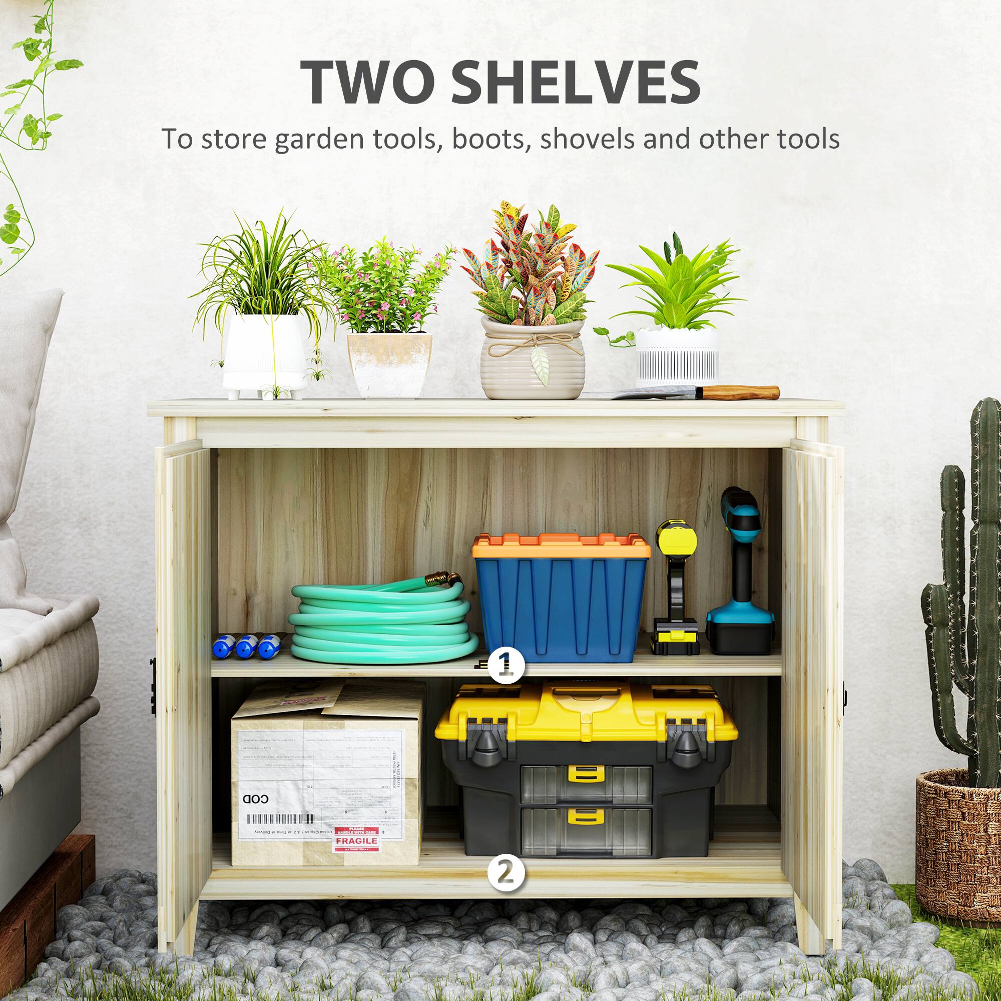TWO SHELVES
To store garden tools, boots, shovels and other tools
1 COD .DEnOUEERO 1 I | . - : - BE I FRAGILE I 2