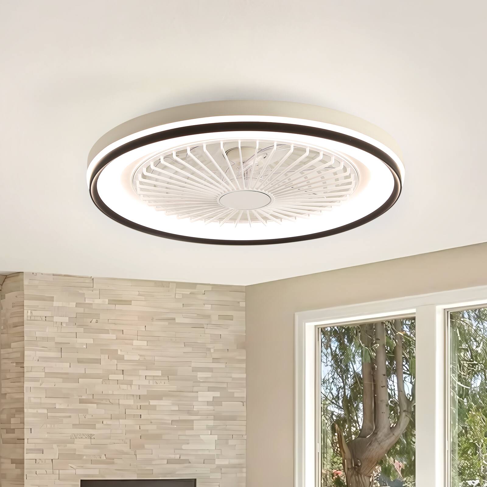 Left. Sofucor - Modern Flush Mount Ceiling Fan 19" Dimmable LED Enclosed Ceiling Fans Bladeless RGB Ambient Light for Bedroom Kids Party - White.