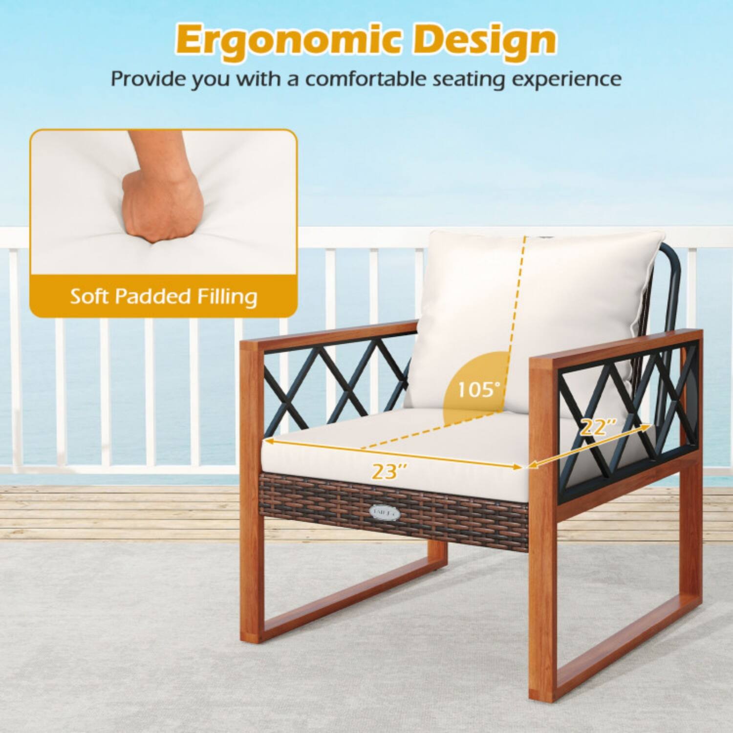 Ergonomic Design  
Provide you with a comfortable seating experience  

Soft Padded Filling  

105°  
22"  
23"