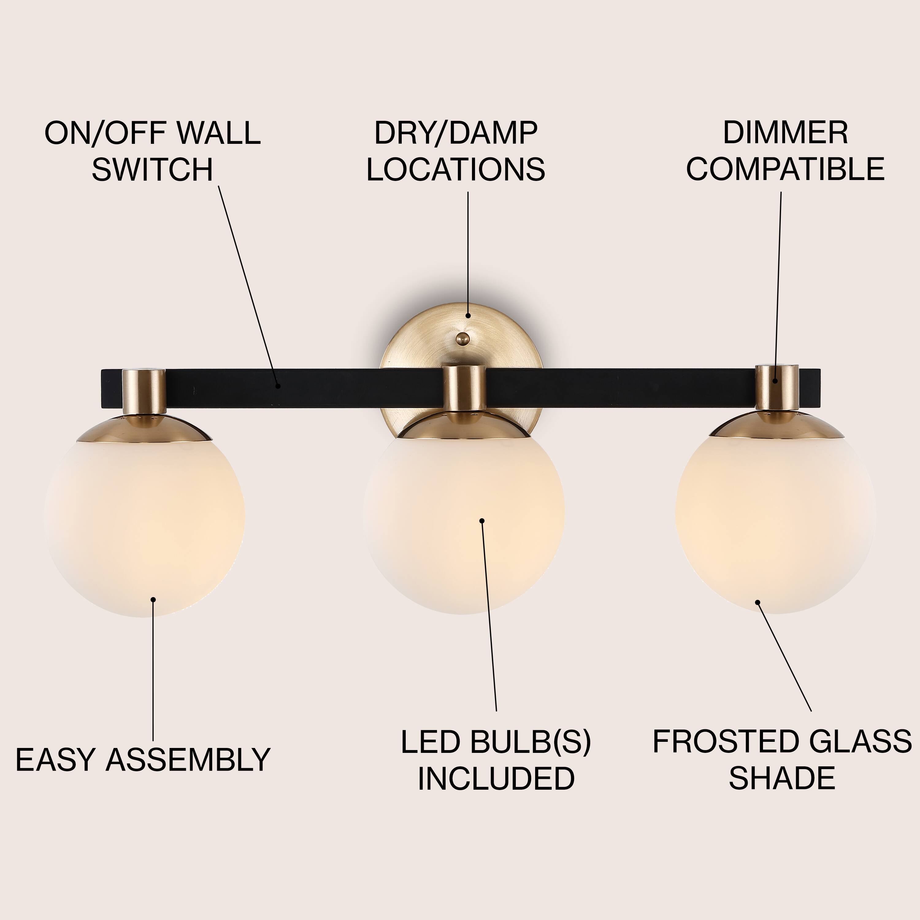 ON/OFF WALL SWITCH  
DRY/DAMP LOCATIONS  
DIMMER COMPATIBLE  
EASY ASSEMBLY  
LED BULB(S) INCLUDED  
FROSTED GLASS SHADE