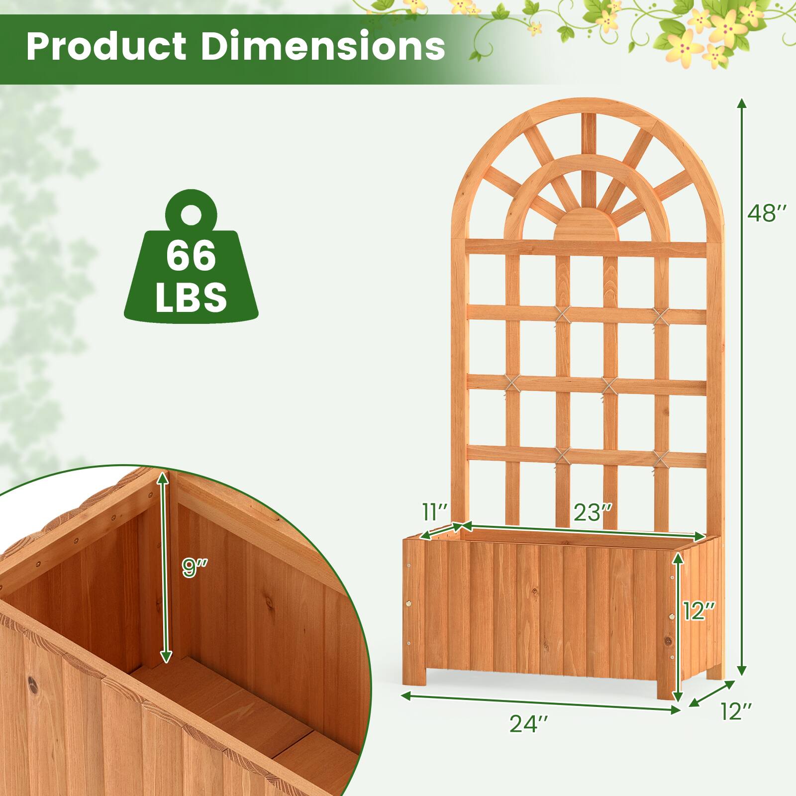 Product Dimensions:  
66 LBS  
48" H x 11" W x 23" D x 9" H x 12" D x 24" W x 12" D