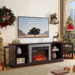 Whisen - 70" Electric Fireplace TV Stand Media Console, Holds TVs up to 75", Faux Stone Storage Cabinet - Cherry