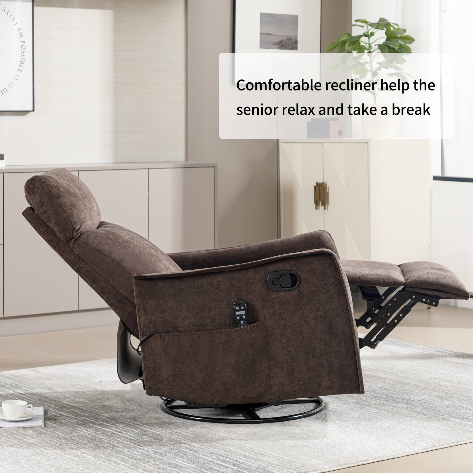 Comfortable recliner helps the senior relax and take a break