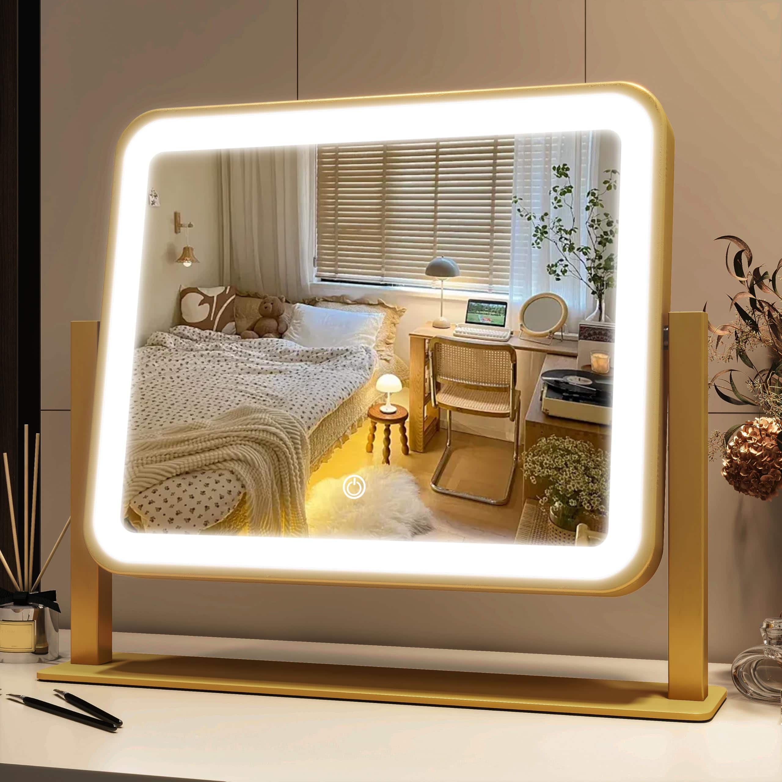Skar Audio - Vanity With Lights 15 x12 6 Led Lighted Makeup Large Touch Screen 3 color Lighting Dimmable For Desk Tablet - Gold 14"L x 12"W