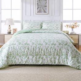 PO3TICJUNKI3 - Floral Comforter Set Printed 7 Piece Bag In A Bedding All Season Lightweight Farmhouse With Sheets Leaves And - Green Leaves-Queen