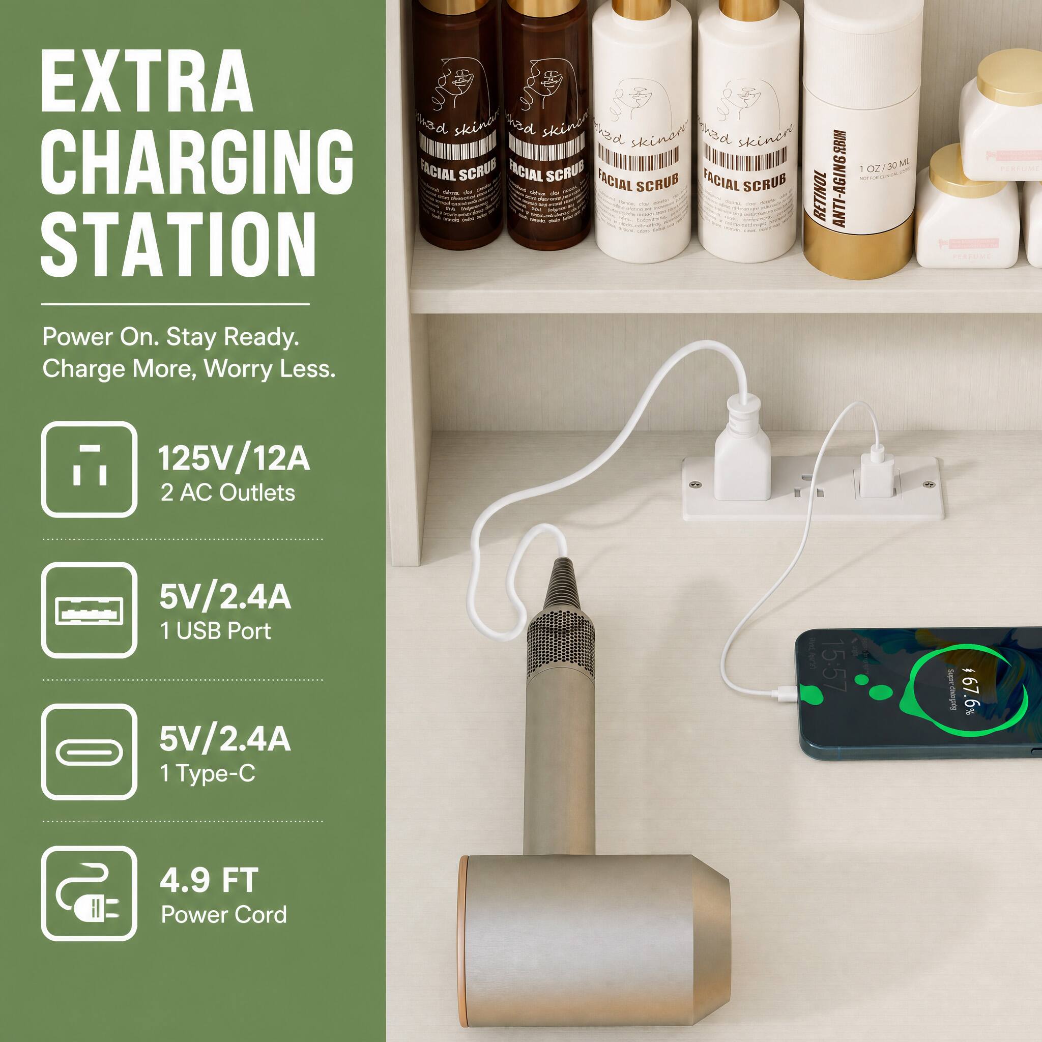 EXTRA CHARGING STATION

Power On. Stay Ready. Charge More, Worry Less.

125V/12A
2 AC Outlets

5V/2.4A
1 USB Port

5V/2.4A
1 Type-C

4.9 FT
Power Cord