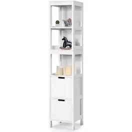 SlickBlue - Wood Bathroom Cabinet Tower with 3 Shelves and 2 Storage Drawers - White