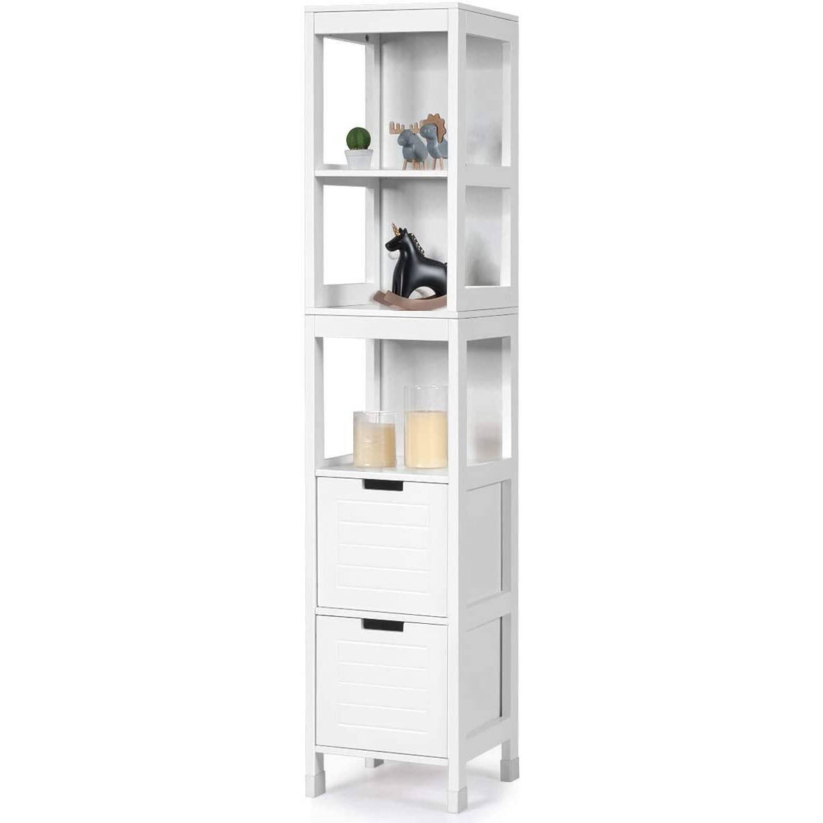 Front. SlickBlue - White Wood Bathroom Cabinet Tower with 3 Shelves and 2 Storage Drawers - White.