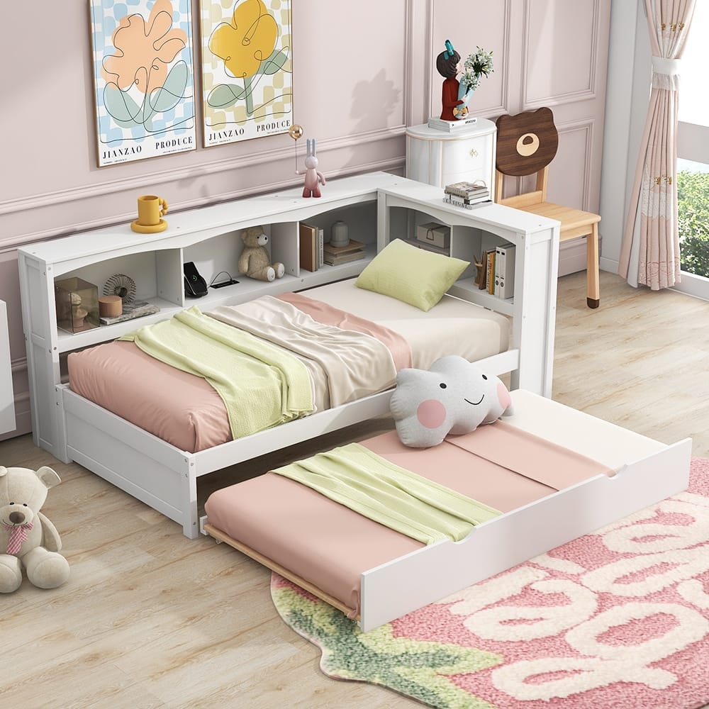 Loheer - Twin Size Daybed with Trundle, Storage Cabinets and USB Ports, Wood Daybed - White price history on PriceWatchPro