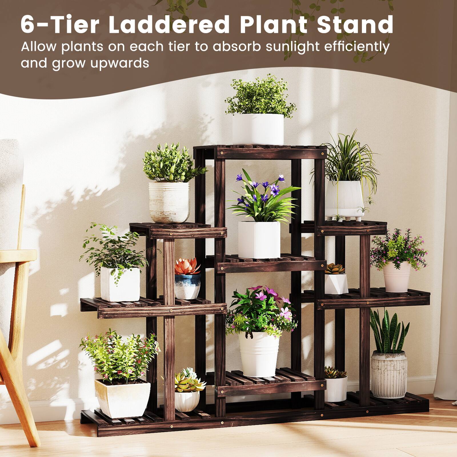 Alt View 4. Gymax - Gymax Indoor Outdoor Wood Plant St& High Low Ladder Flower Rack for Garden Balcony - Brown.