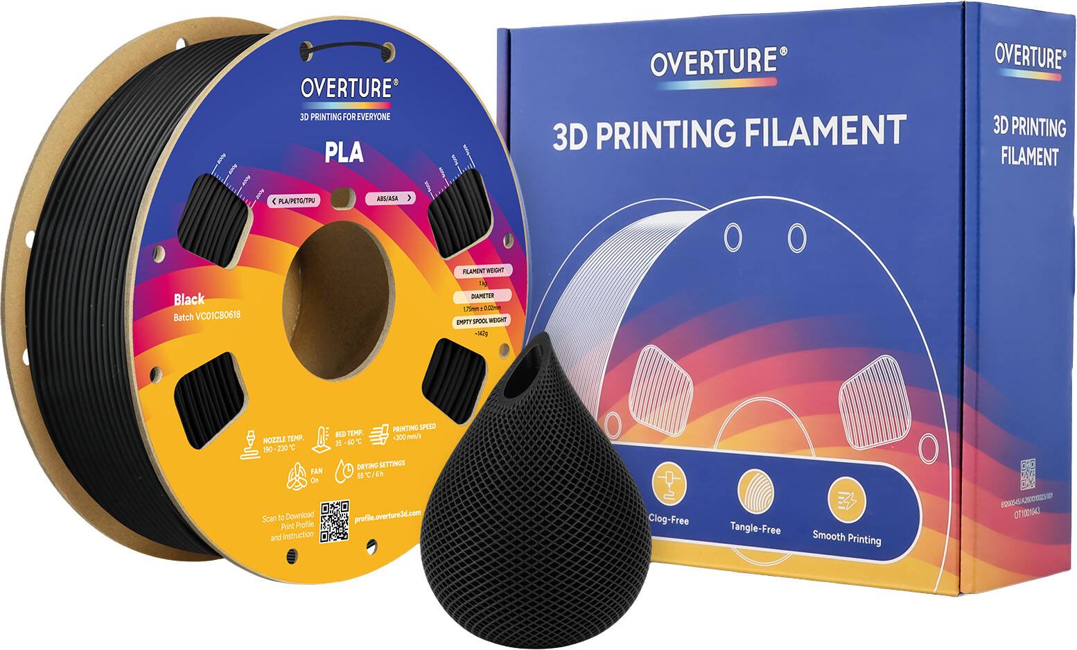 OVERTURE 3D PRINTING FOR EVERYONE  
PLA OVERTURE 3D PRINTING FILAMENT  
OVERTURE 3D PRINTING FILAMENT PLA/PETG/TPU ABS/ASA  

Black Batch VC01C80618  
FILAMENT WEIGHT 1kg  
DIAMETER 1.75mm ±0.05mm  
EMPTY SPOOL WEIGHT 142g  

NOZZLE TEMP 190-230°C  
FAN On  
BED TEMP 50-60°C  
PRINTING SPEED 300 mm/s  
DRYING SETTINGS 55°C/6h  

Scan to Download Print Profile and Instruction  
profile.overture3d.com  

Clog-Free Tangle-Free Smooth Printing  

00545/A20 T100134