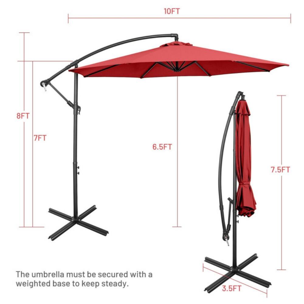 10FT  
8FT  
7FT  
6.5FT  
7.5FT  
3.5FT  

The umbrella must be secured with a weighted base to keep steady.