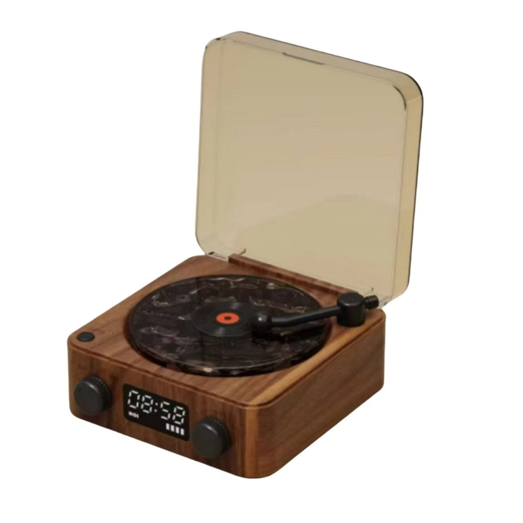 YONWAY - Vinyl Bluetooth Speaker with Time Display and Ambient Light, Retro Mini Record Player Speaker for Bedroom - Brown