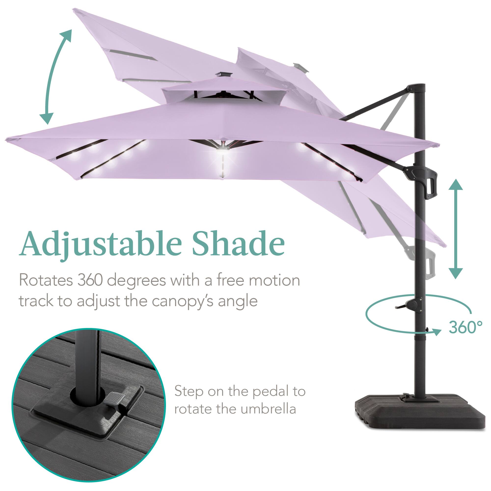 Adjustable Shade Rotates 360 degrees with a free motion track to adjust the canopy's angle. Step on the pedal to rotate the umbrella.