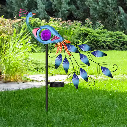 Front. Oumilen - Solar Painted Metal Peacock Garden Stake Light – Purple Crackle Globe LED Solar Ground Lamp for Yard.