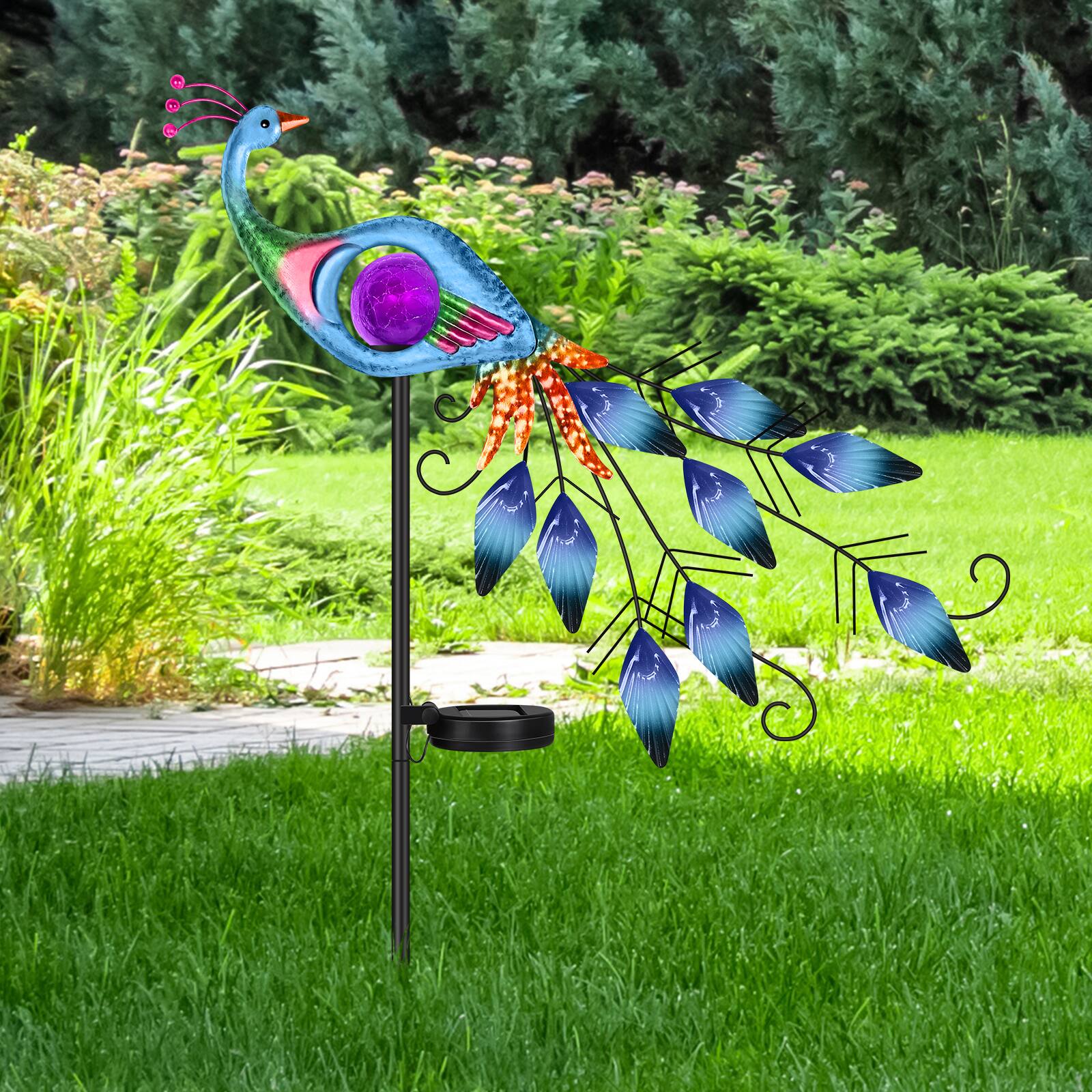 Oumilen - Solar Painted Metal Peacock Garden Stake Light – Purple Crackle Globe LED Solar Ground Lamp for Yard