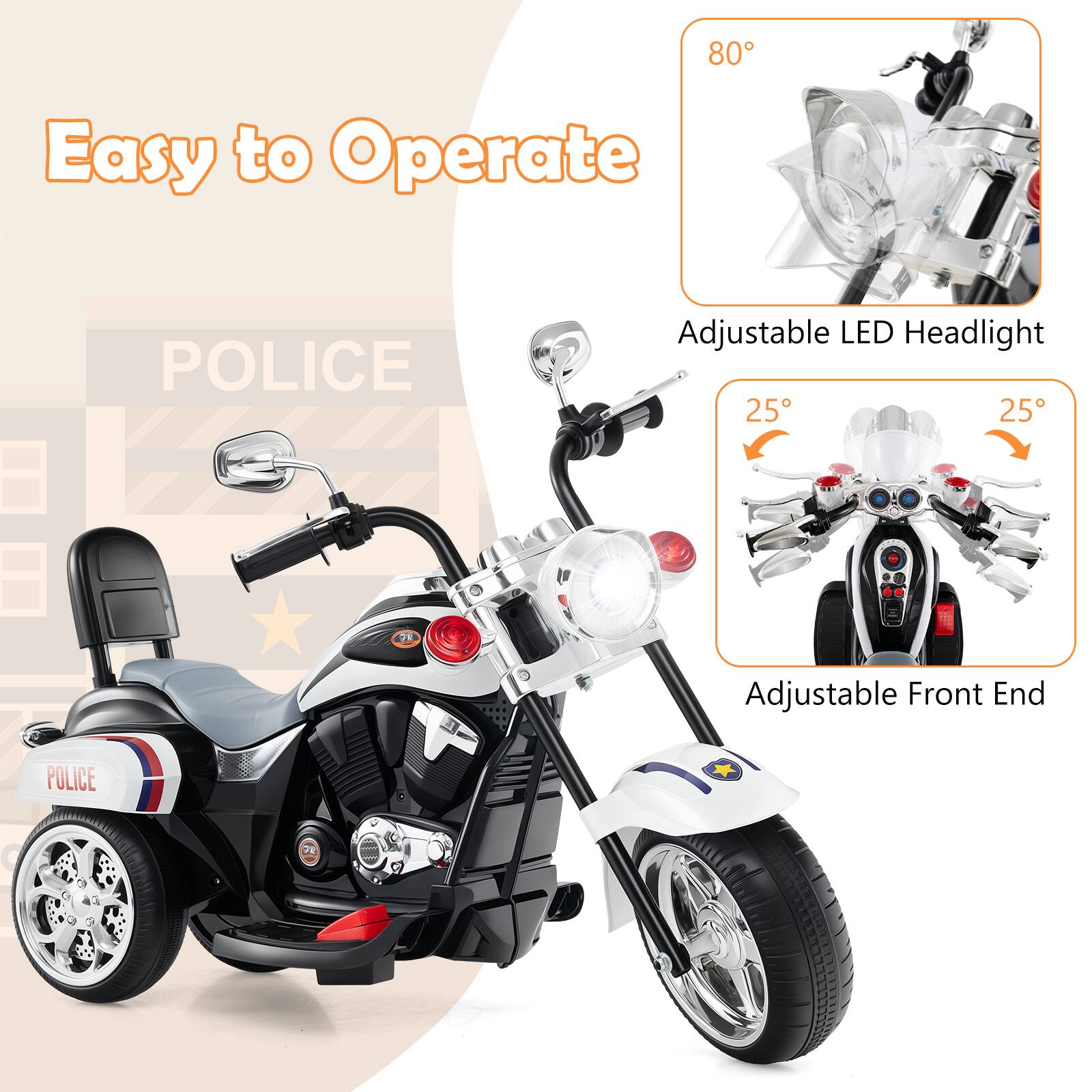 80° Easy to Operate POLICE Adjustable LED Headlight  
25° 25° Adjustable Front End